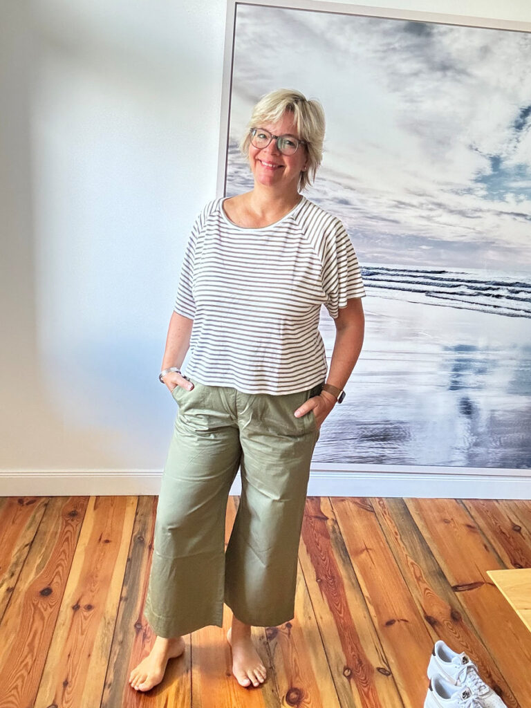 Outfitinspirationen #37/2024 Outfitinspirationen #37/2024 khaki Culotte Streifenshirt dunkelblauer Blazer