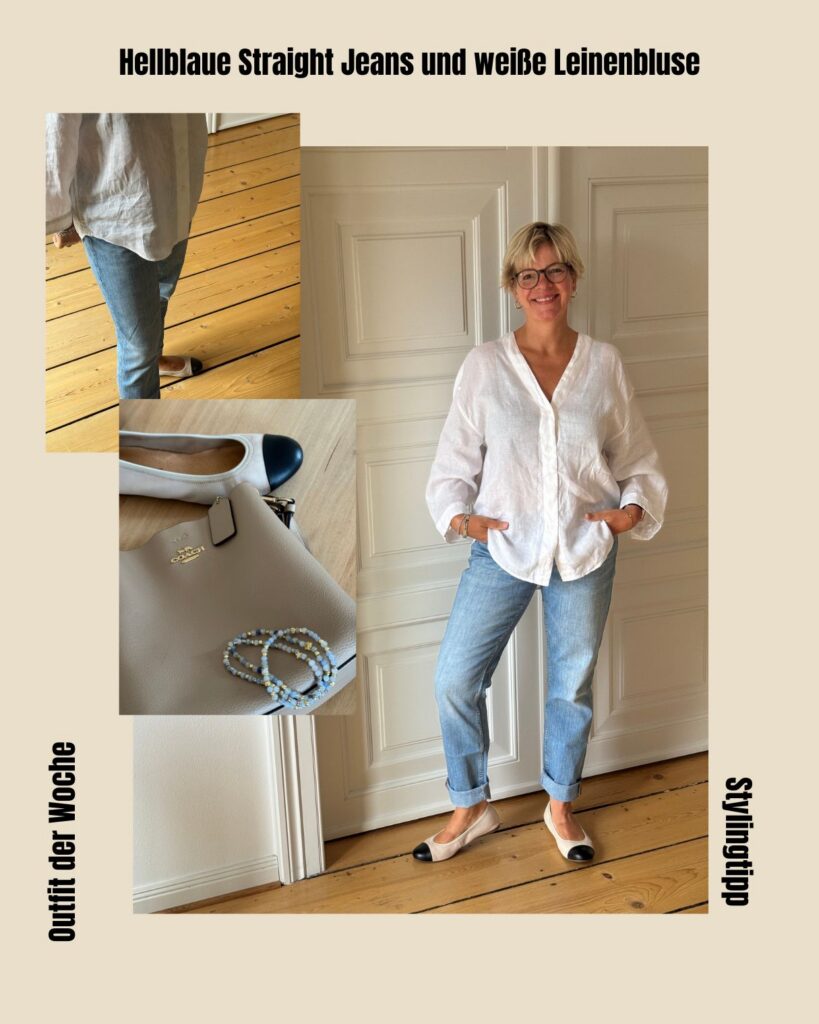 Hellblaue Straight Jeans-weiße Leinenbluse-Sommeroutfit stylen-lifewithaglow